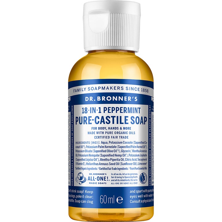 Dr. Bronner's 18-in-1 Peppermint Pure-Castile Soap 60 ml oppfriskende flytende såpe i plastflaske med blå etikett.
