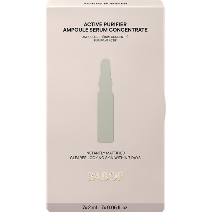 Babor Ampoule Active Purifier 14 ml mattende ansiktsserum i beige eske med grønn ampulleillustrasjon.