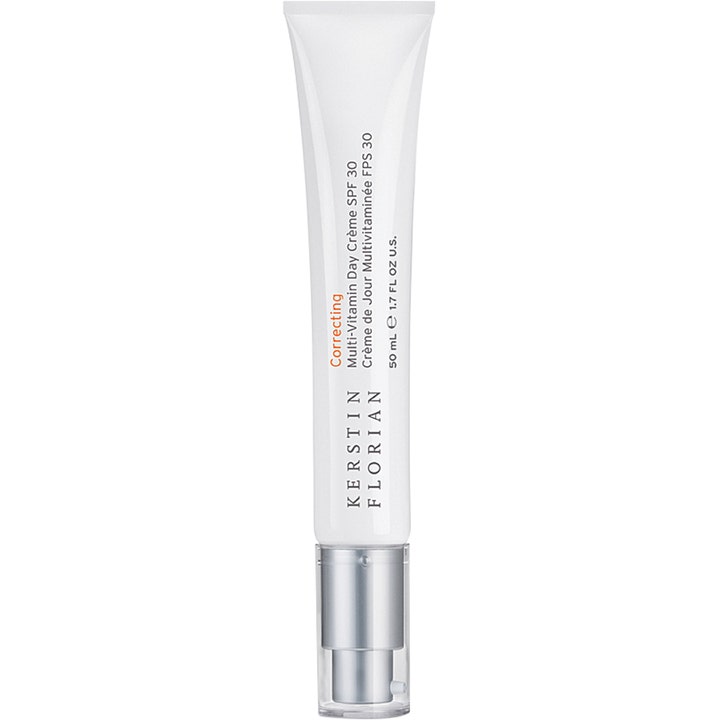 Kerstin Florian Correcting Multi-Vitamin Day Crème SPF 30 50 ml beskyttende dagkrem i slank hvit tube med sølvfarget pumpe