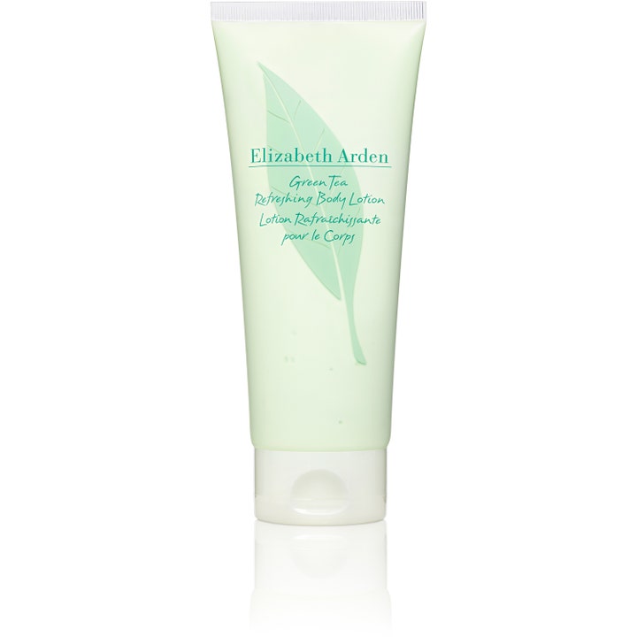 Elizabeth Arden Green Tea Refreshing Body Lotion 200ml oppfriskende kroppskrem i lysegrønn tube med et stort grønt blad.