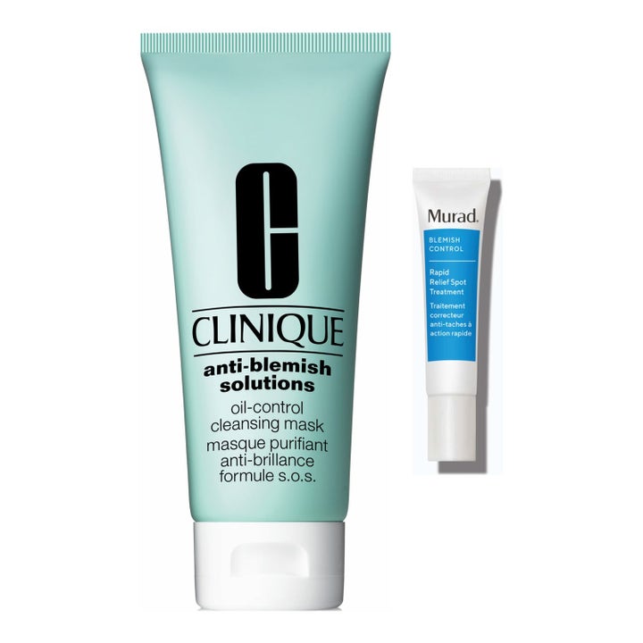 Clinique Anti-Blemish Solutions Cleansing Mask og Murad Spot Treatment i lyseblå og hvit tube som motvirker urenheter.