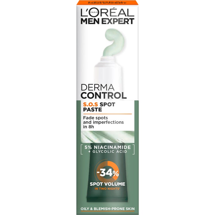 L'Oréal Paris Men Expert Derma Control S.O.S Spot Paste 45 ml mot urenheter i hvit eske med bilde av lysegrønn pasta