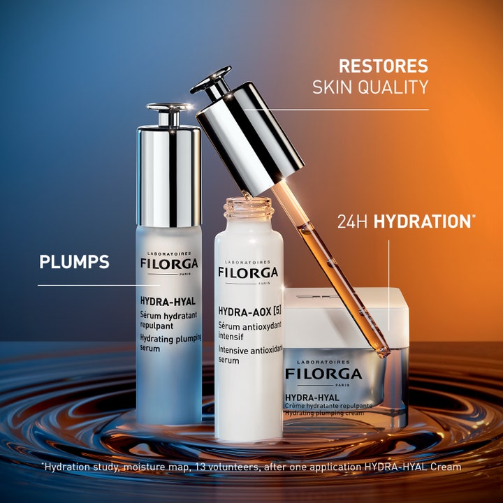 Filorga Hydra Duo Kit 60 ml ansiktspleie som plumper huden og gir 24H Hydration vist med serumflasker og pipette.
