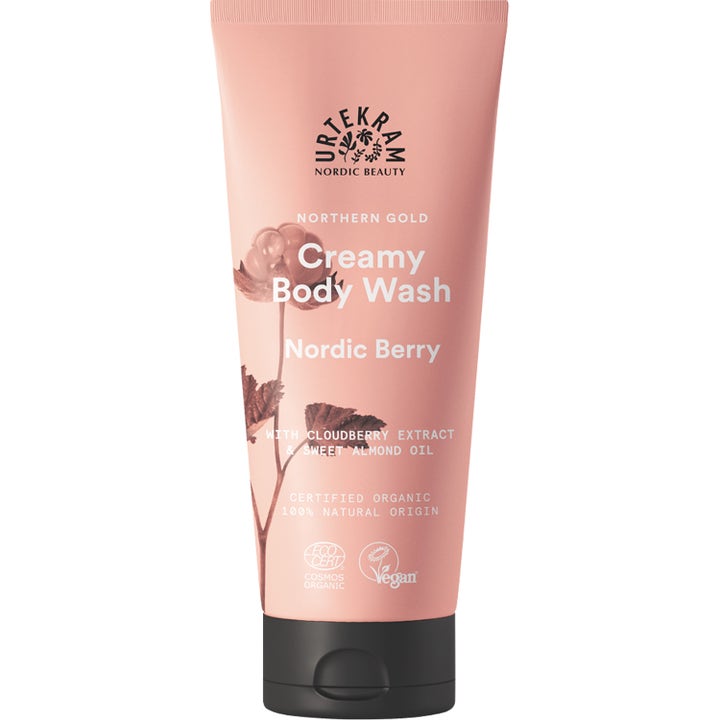 Urtekram Nordic Berry Creamy Body Wash 200 ml pleiende dusjsåpe i ferskenfarget tube med sort lokk og bærillustrasjon
