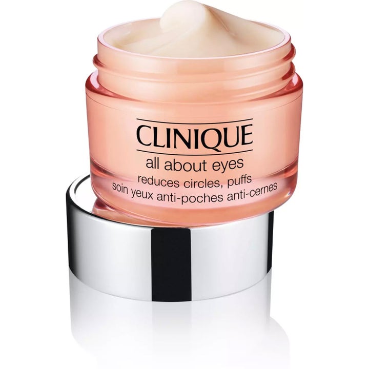 Clinique All About Eyes 30 ml øyekrem mot mørke ringer i ferskenfarget krukke med kremet tekstur og sølvlokk