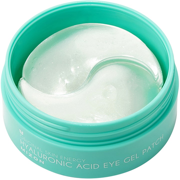 Mizon Hyaluronic Acid Eye Gel Patch 60 stk fuktighetsgivende øyemasker i turkis krukke med glitrende gel-patches.