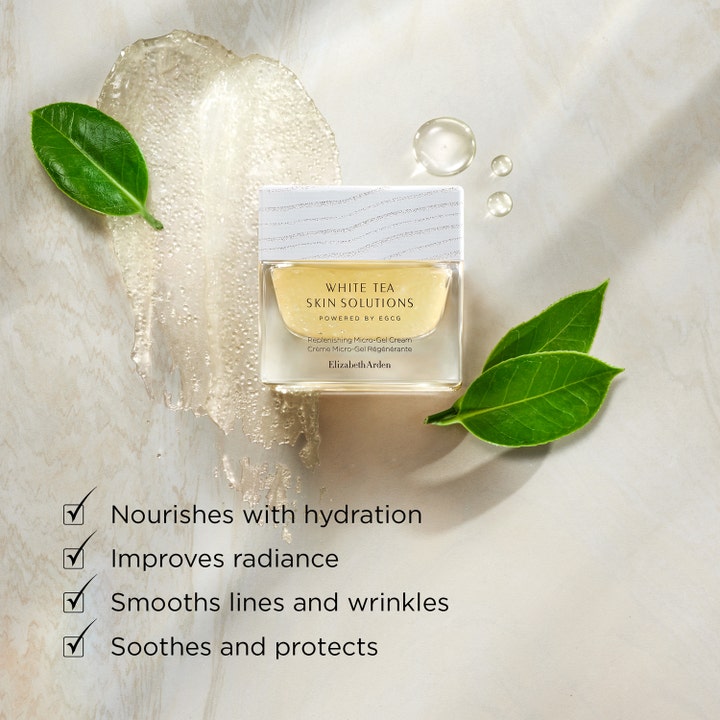 Elizabeth Arden White Tea Skin Replenishing Micro-gel Cream 50 ml fuktighetsgivende ansiktskrem med lett geltekstur og blader.