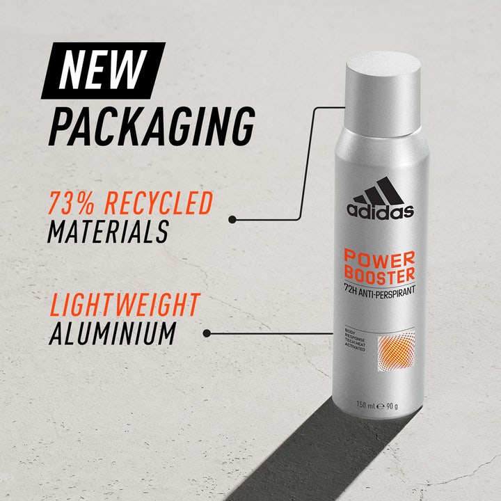 Adidas Adipower Booster 150 ml deodorant spray som gir 72t beskyttelse i en boks av 73 % resirkulert aluminium