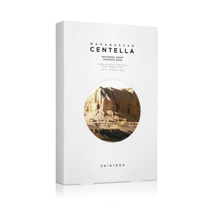 SKIN1004 Madagascar Centella Watergel Sheet Ampoule Mask 5 stk beroligende sheetmasker i hvit eske med fjellmotiv