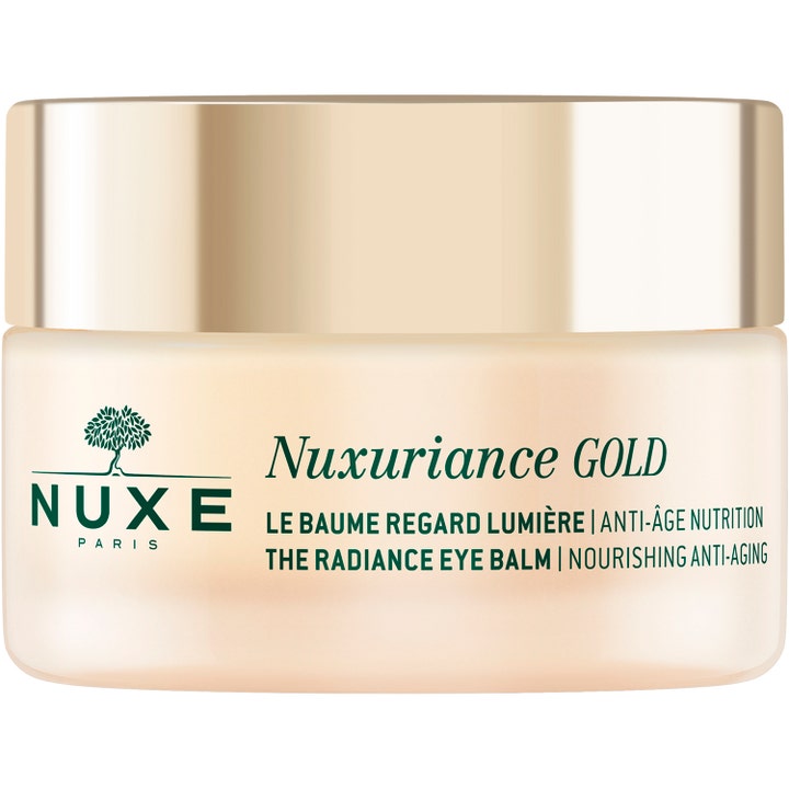 Nuxe Nuxuriance Gold Radiance Eye Balm 15 ml nærende øyekrem i en elegant glasskrukke med gullfarget lokk.