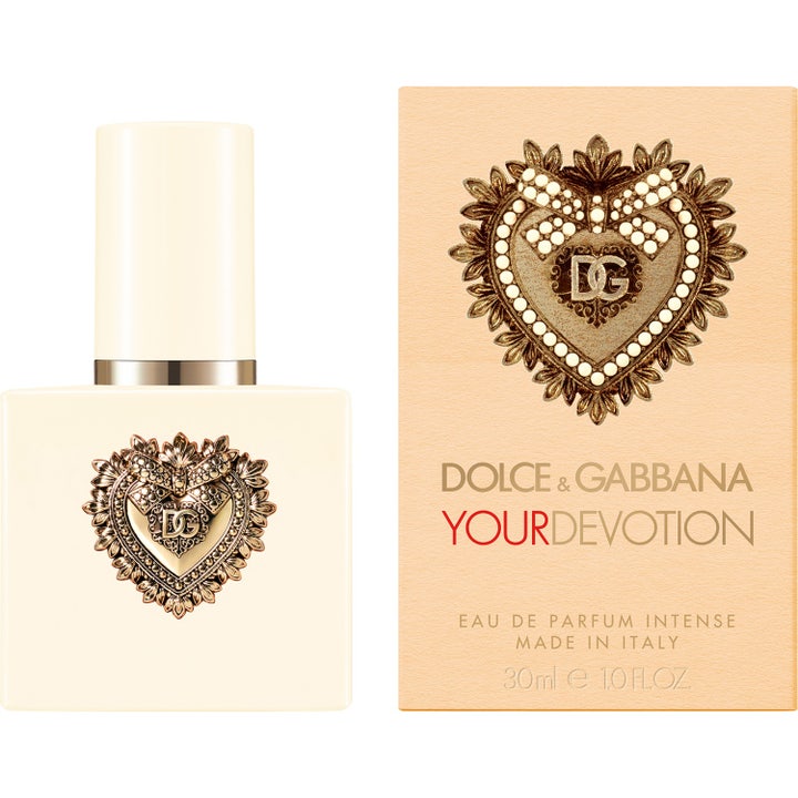 Dolce & Gabbana Your Devotion EdP Intense 30 ml parfymeflaske og eske med gyllent hjerteemblem