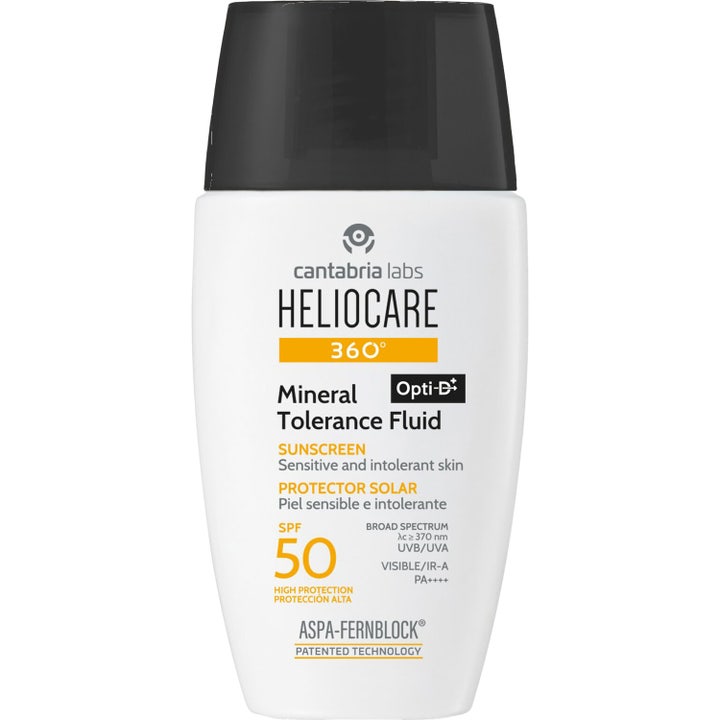 Heliocare 360 Mineral Tolerance Fluid 50 ml mineralbasert solkrem med SPF 50 i hvit plastflaske med svart kork