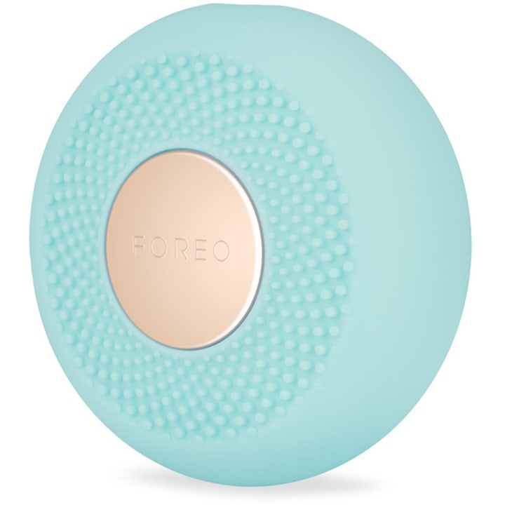 FOREO UFO mini 2 Mint smart ansiktsbehandling i mintgrønn silikon med teksturert overflate og rosegullplate.