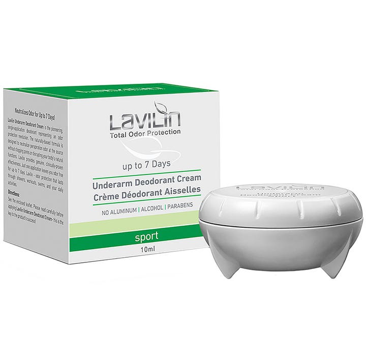 Lavilin Underarm Deodorant Cream Sport 10ml nøytraliserer lukt med hvit kremkrukke og eske i hvitt og grønt.