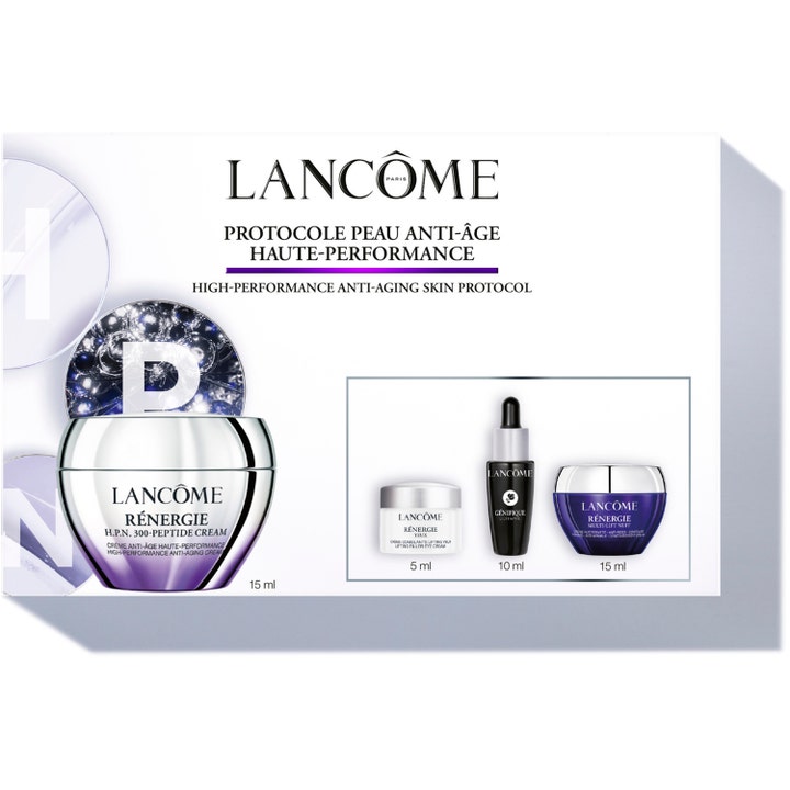 Lancôme Rénergie H.P.N. 300-Peptide Cream Hudpleiesett 4 deler gir anti-aging i hvit eske med lilla og sølv krukker.