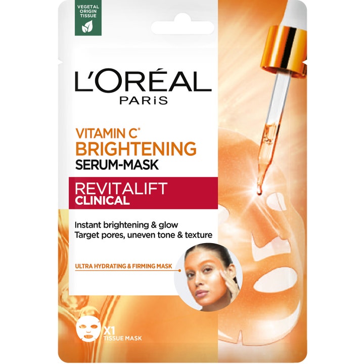 L'Oréal Paris Revitalift Clinical Vitamin C Serum-Mask 1 stk glødgivende ansiktsmaske i oransje pakning med pipette.