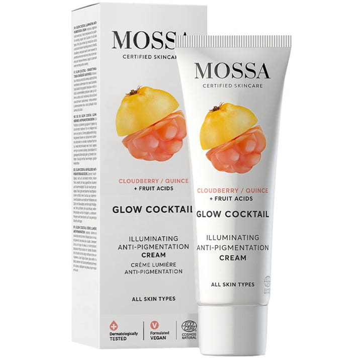 MOSSA Glow Cocktail 50 ml lysnende ansiktskrem i hvit tube og eske som gir glød og motvirker pigmentflekker.