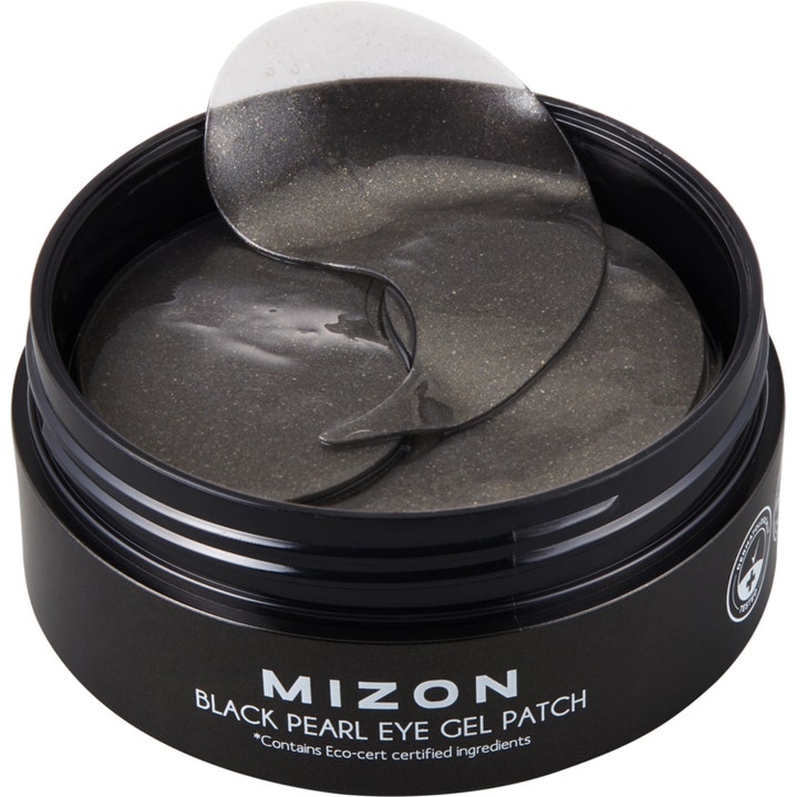 Mizon Black Pearl Eye Gel Patch 84 g oppstrammende øyemaske med glitrende sorte gelpatches i en sort krukke