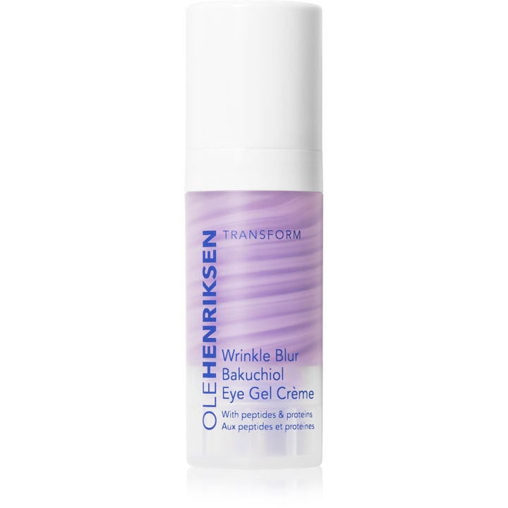 Ole Henriksen Wrinkle Blur Bakuchiol Eye Gel Crème 18 ml øyekrem mot rynker i flaske med lilla og hvit virvlet gel