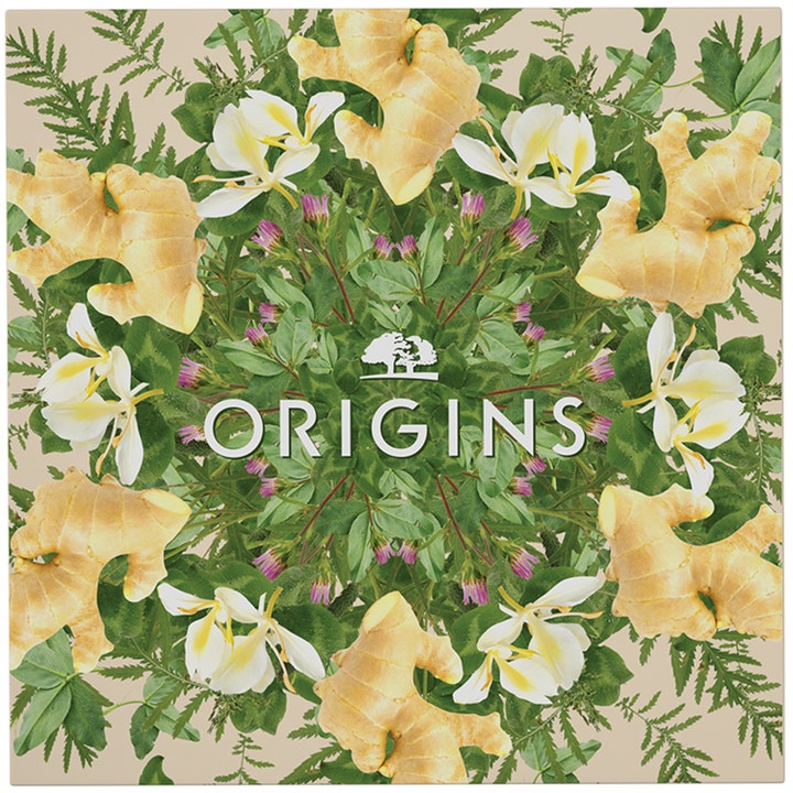 Origins The Glow-Boosting Collection 70 ml hudpleiesett med mønster av ingefær og hvite blomster