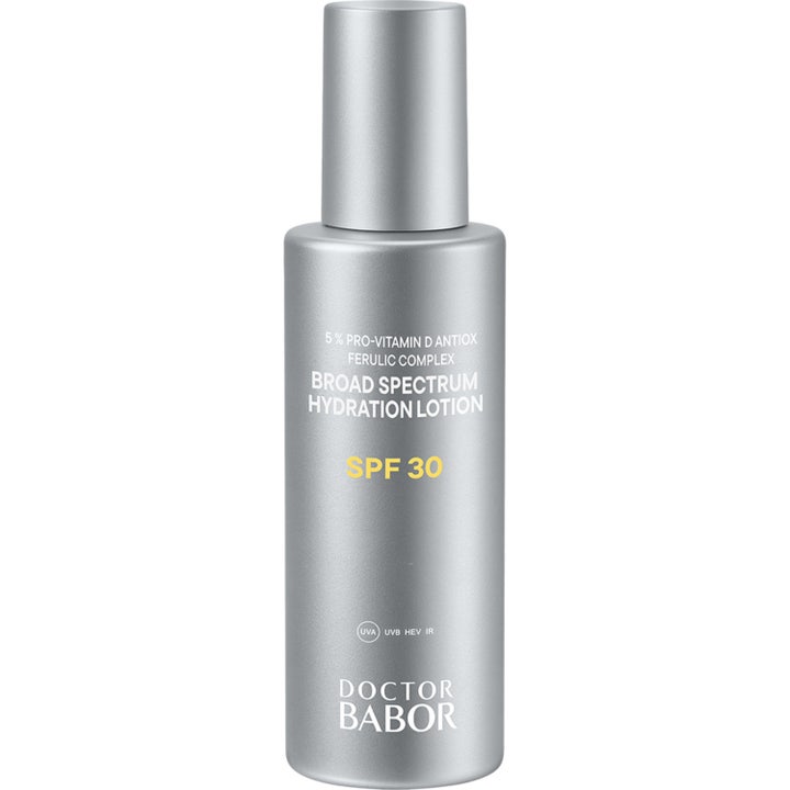 Doctor Babor Broad Spectrum Hydration Lotion SPF 30 fuktighetsgivende ansiktskrem i sølvfarget sylindrisk flaske