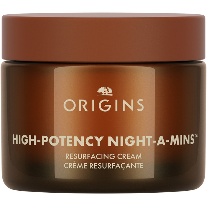 Origins High-Potency Night-A-Mins Resurfacing Cream fornyende nattkrem i en brun krukke med brunt lokk
