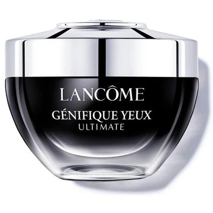 Lancôme Génifique Yeux Ultimate 15ml styrkende øyekrem i en elegant svart glasskrukke med skinnende sølvlokk