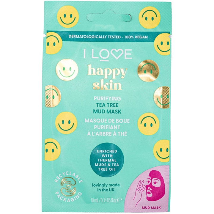 I Love Happy Skin Purifying Tea Tree Mud Mask 10 ml rensende ansiktsmaske i mintgrønn pose dekorert med gule smilefjes.