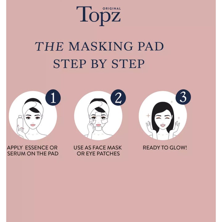 Topz Premium The Masking Pad 80 stk hudpleie viser en trinnvis guide for bruk som fuktighetsgivende ansiktsmaske.