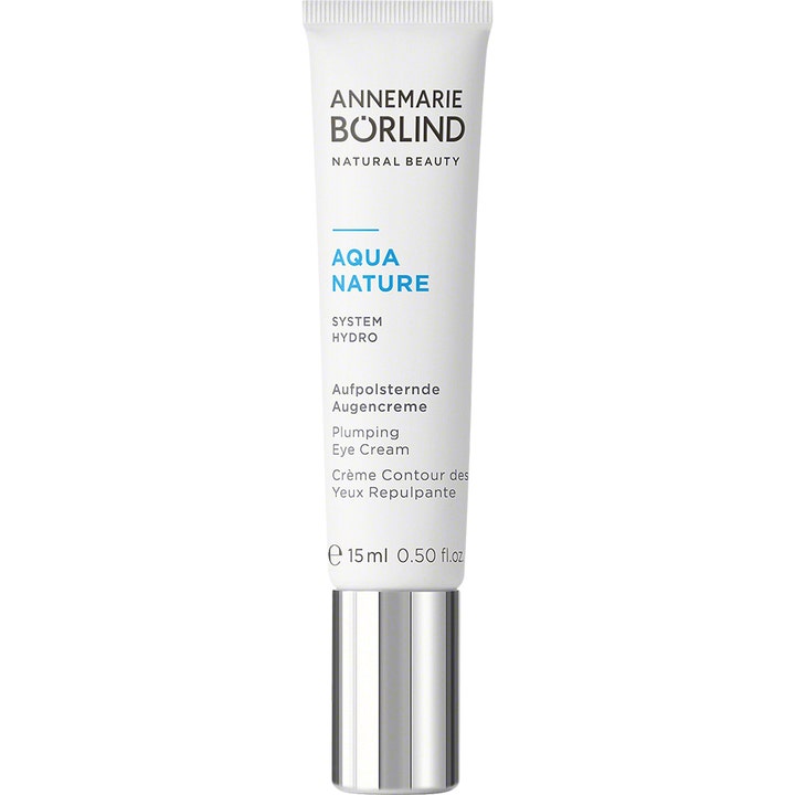 Annemarie Börlind Aqua Nature Plumping Eye Cream 15 ml fuktgivende øyekrem i hvit tube med sølvfarget kork
