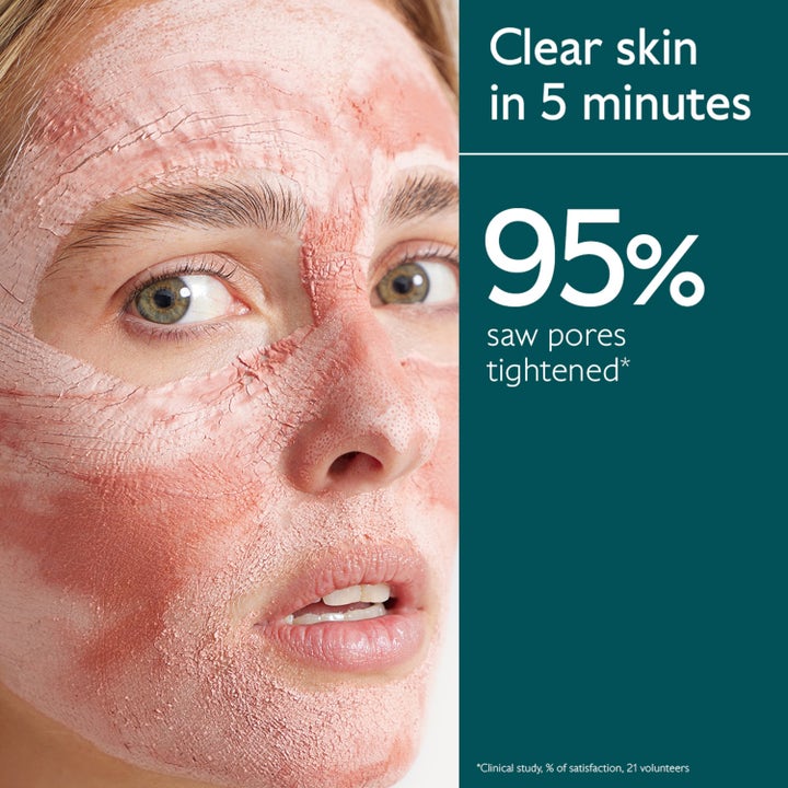 Caudalie Instant Detox Mask 75 ml ansiktsmaske for strammere porer vist på kvinne med rosa leire og tekst 95 %