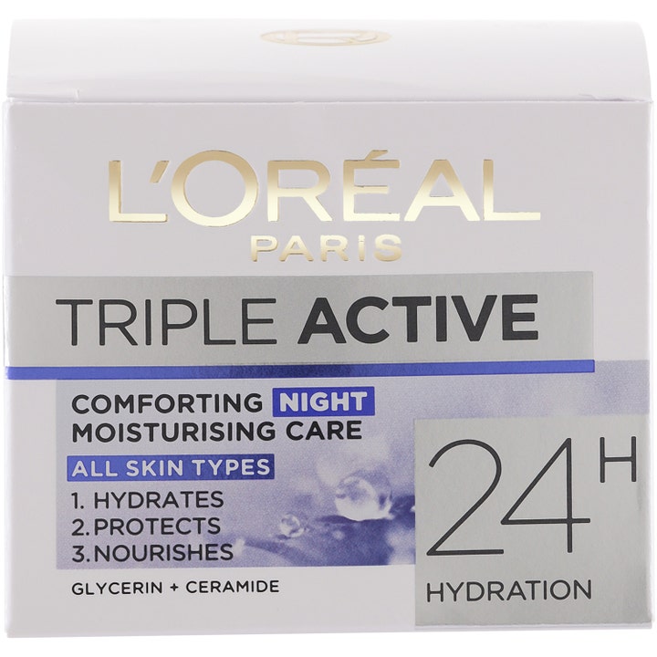 L'Oréal Paris Triple Active Night Cream 50 ml nattkrem i hvit eske med glycerin og ceramide for 24 timers fuktighet.