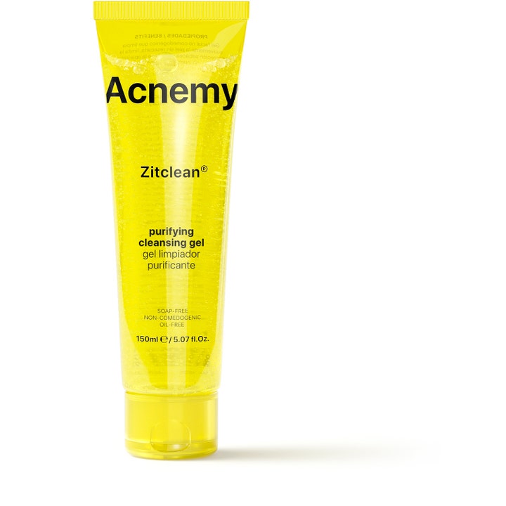 Acnemy Zitclean 150ml oljefri ansiktsrens som renser porene i en gjennomsiktig gul tube med gult lokk