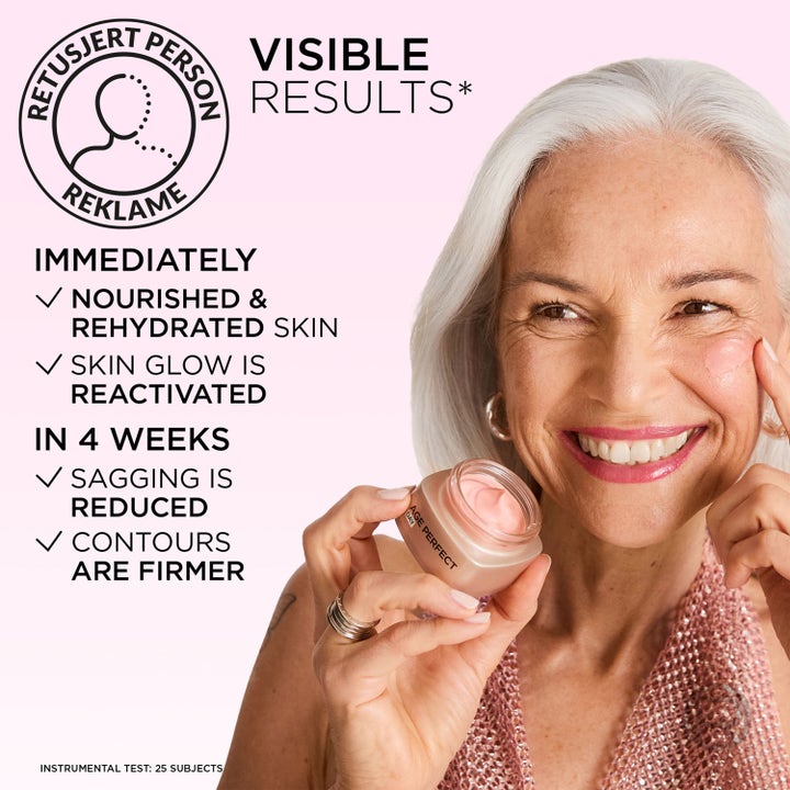 L'Oréal Paris Golden Age 50 ml dagkrem gir glød og fastere hud vist på smilende kvinne med rosa ansiktskrem.