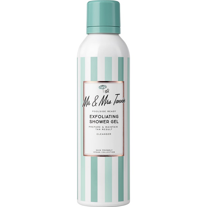 Mr & Mrs Tannie Exfoliating Shower Gel eksfolierende dusjgelé i hvit flaske med mintgrønne striper og kork.