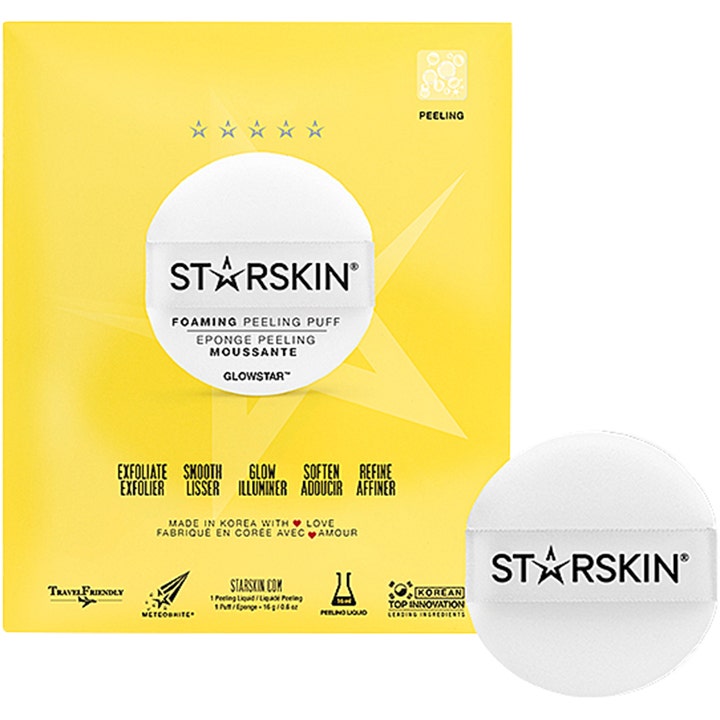 Starskin Glowstar Foaming Peeling Puff 1 stk eksfolierende behandling som gir glød i gul pakke med hvit puff