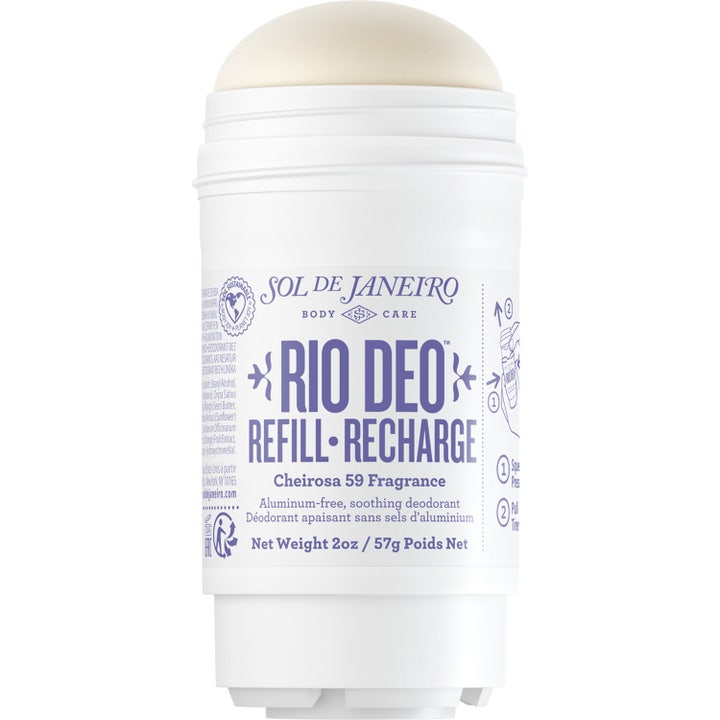 Sol de Janeiro Rio Deo Refill 57g aluminiumfri deodorant som beroliger huden i hvit stift med lilla detaljer