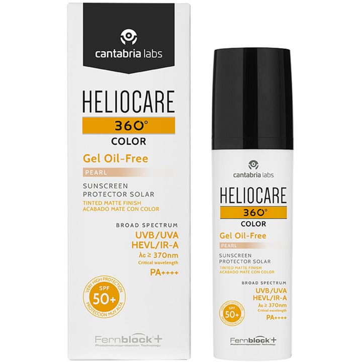 Heliocare 360 Color Gel Oil-Free Pearl 50 ml solbeskyttelse gir matt finish i hvit tube og eske med sort lokk