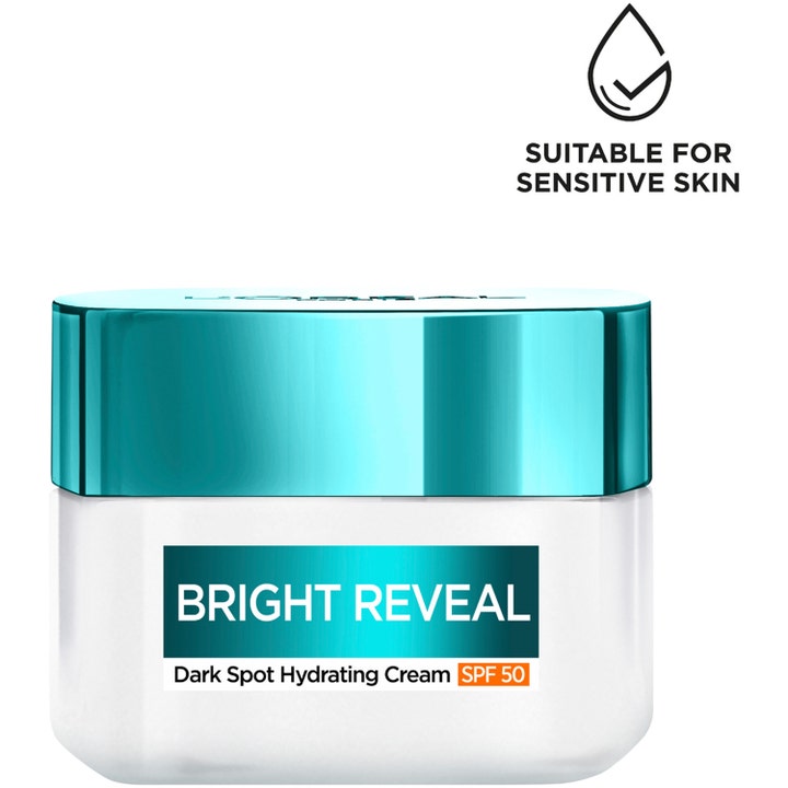 L'Oréal Paris Bright Reveal 50 ml dagkrem mot mørke flekker i hvit krukke med turkist lokk og SPF 50