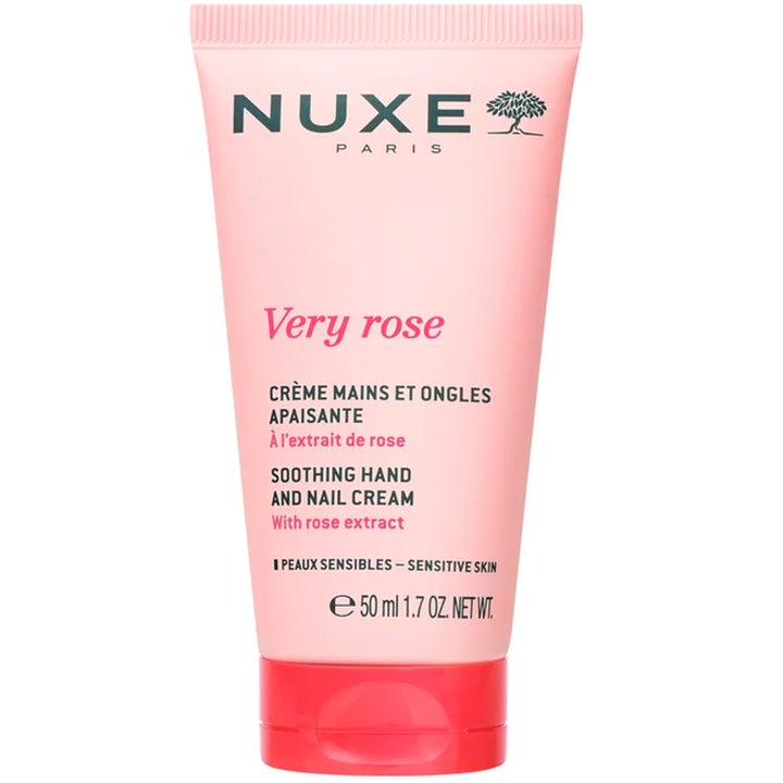 Nuxe Very Rose Soothing Hand and Nail Cream 50 ml beroligende håndkrem på rosa tube med rødt lokk