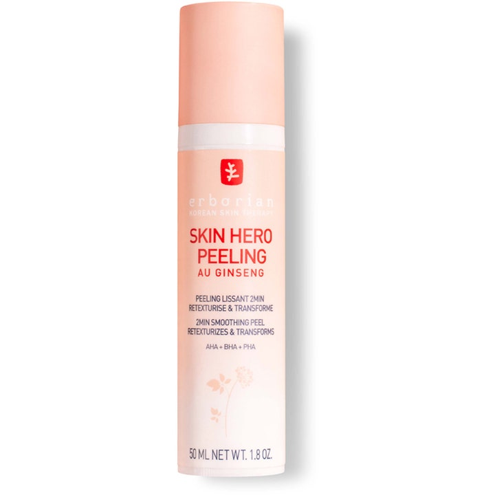 Erborian Skin Hero Peeling 50 ml eksfolierende ansiktspeeling med ginseng i ferskenfarget flaske med hvit pumpe