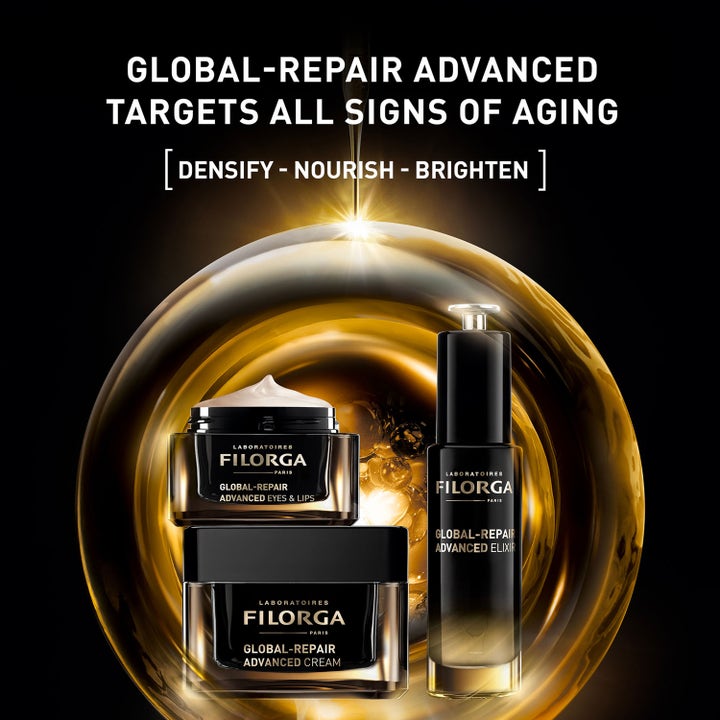 Filorga Global-Repair Advanced Eyes & Lips 15 ml øyekrem mot aldringstegn i svart krukke i en gyllen dråpe.