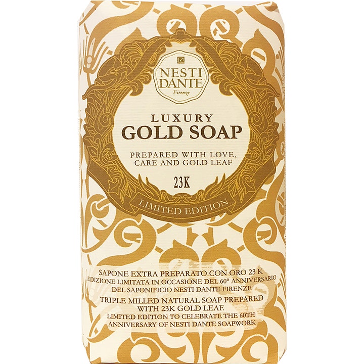 Nesti Dante Luxury Gold Soap 250g eksklusivt såpestykke med 23K gull i gyllent mønstret papiremballasje