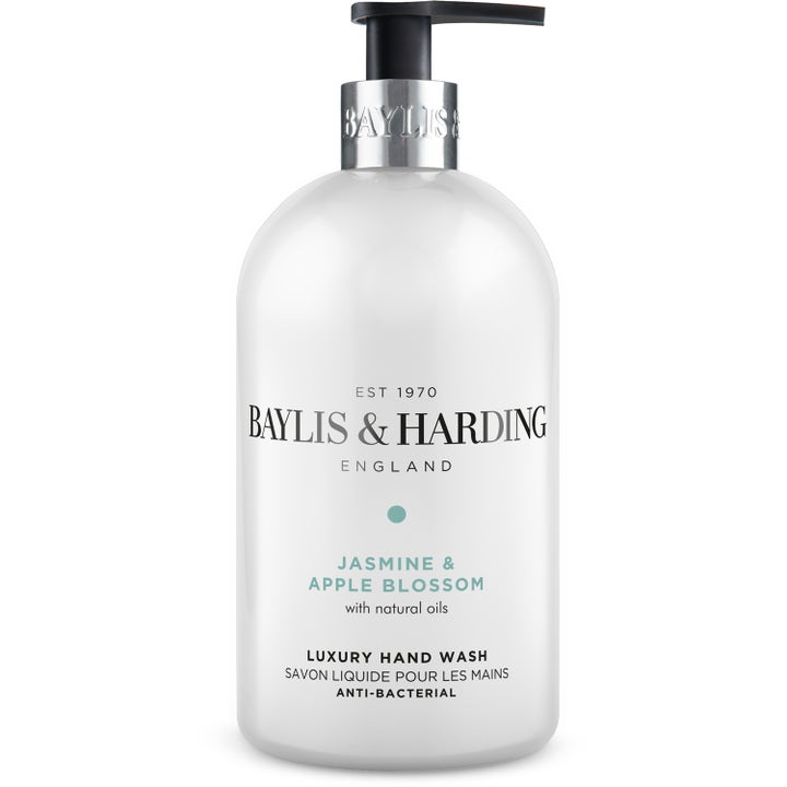 Baylis & Harding Jasmine & Apple Blossom luksuriøs antibakteriell håndsåpe i hvit pumpeflaske med sølvdetaljer