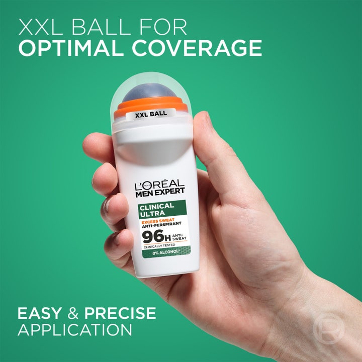 L'Oréal Paris Men Expert Clinical Ultra Deo 50 ml motvirker svette i 96 timer med stor XXL ball som holdes i en hånd