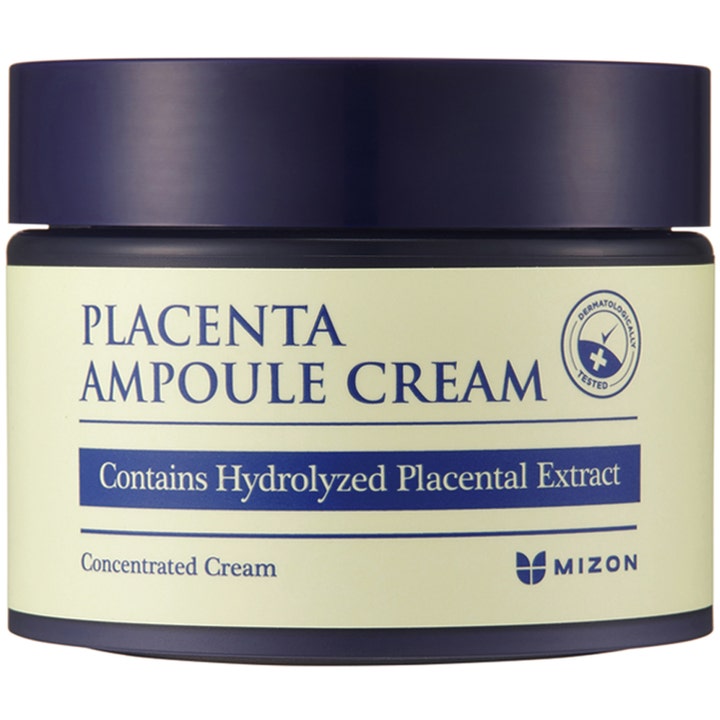 Mizon Placenta Ampoule Cream 50ml nærende ansiktskrem med placentaekstrakt i mørkeblå krukke med beige etikett.