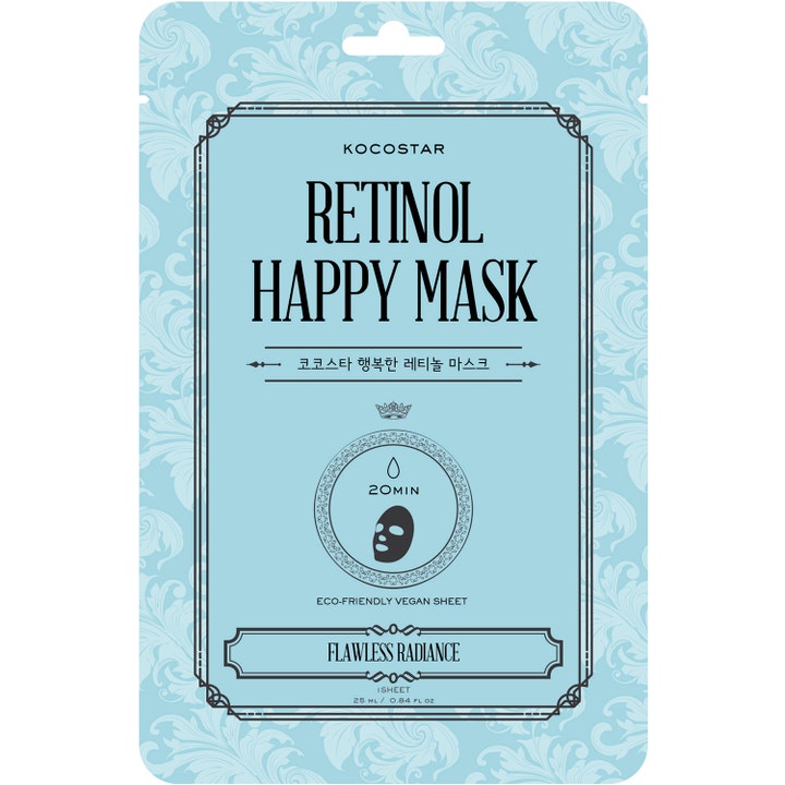 Kocostar Retinol Happy Mask 1 stk ansiktsmaske med retinol i lyseblå forpakning med elegante barokke mønstre