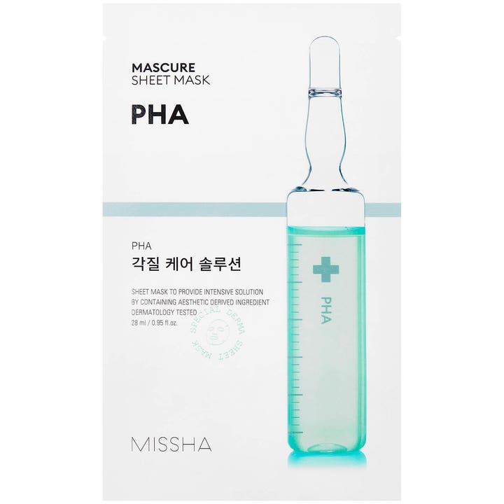 Missha Mascure Sheet Mask PHA 28 ml eksfolierende ansiktsmaske i hvit forpakning med en stor turkis ampulle