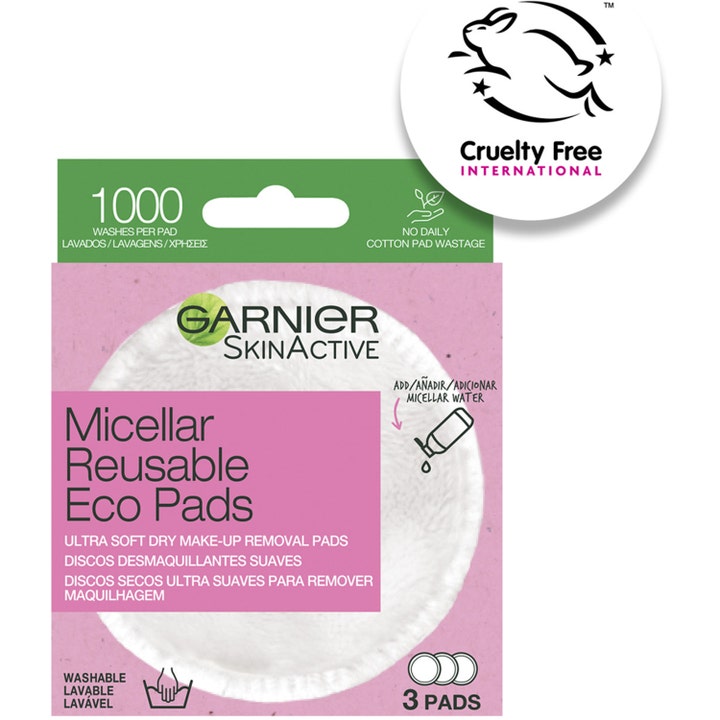 Garnier Skin Active Micellar Reusable Eco Pads 3 stk gjenbrukbare sminkefjernerpads i rosa eske med Cruelty Free-logo.
