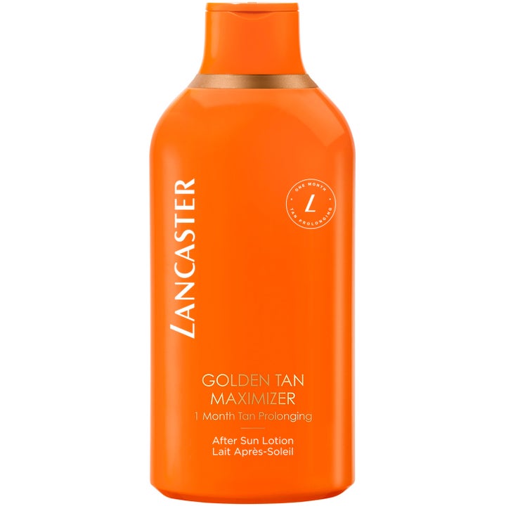 Lancaster Golden Tan Maximizer After Sun Lotion forlenger brunfargen i en oransje plastflaske med gulldetaljer.